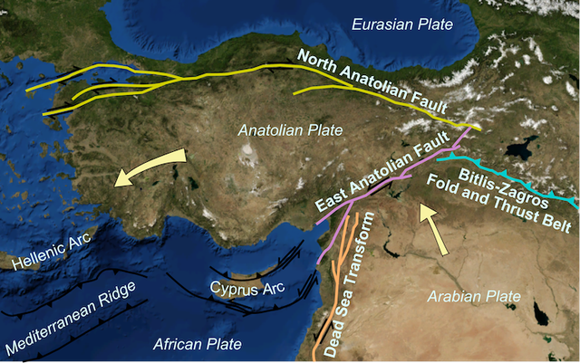 Map of tectonic plate movements around Turkey