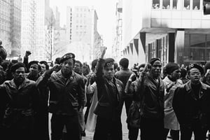 Black Panthers protest outside the New York City courthouse in 1969.