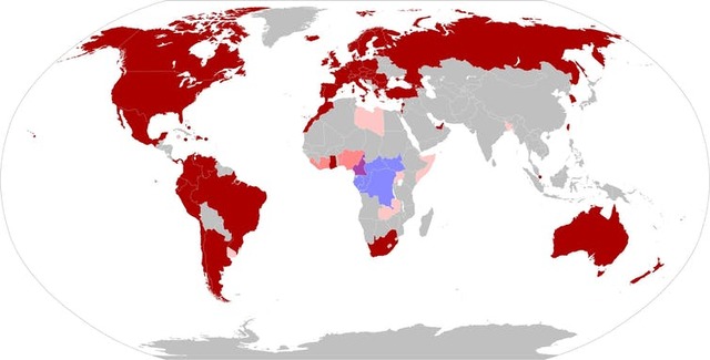 A map showing much of the world in red.